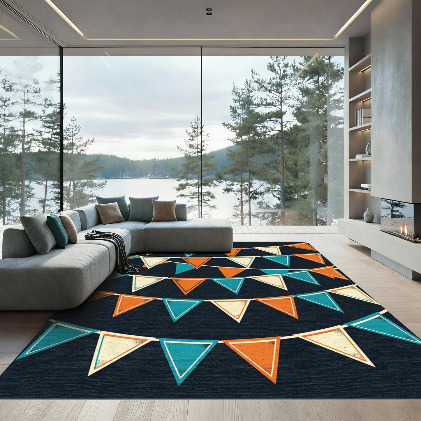 Geometric Teal and Orange Pennant Banner Rug