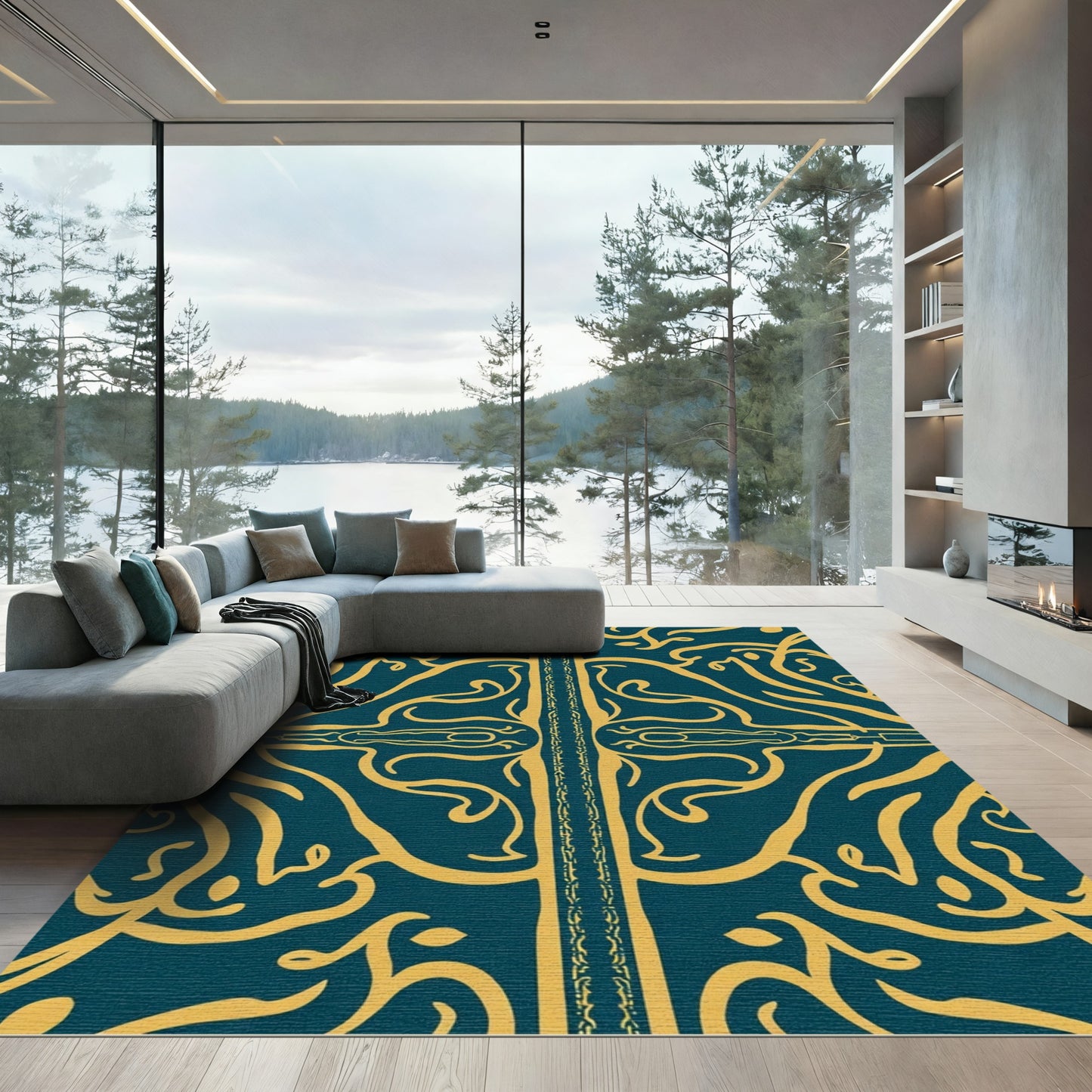 Teal Gold Ornate Scrollwork Rug