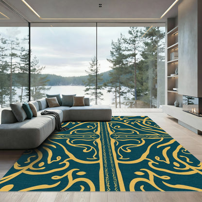 Teal Gold Ornate Scrollwork Rug