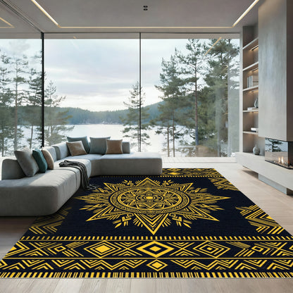 Golden Geometric Celestial Sun Medallion Rug