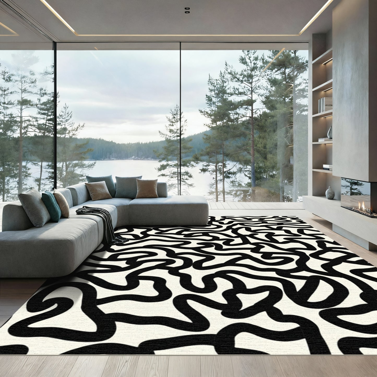 Black White Organic Abstract Flow Rug