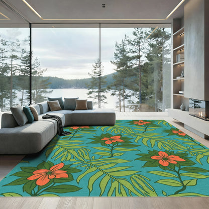 Vibrant Orange Floral Tropical Leaves Rug