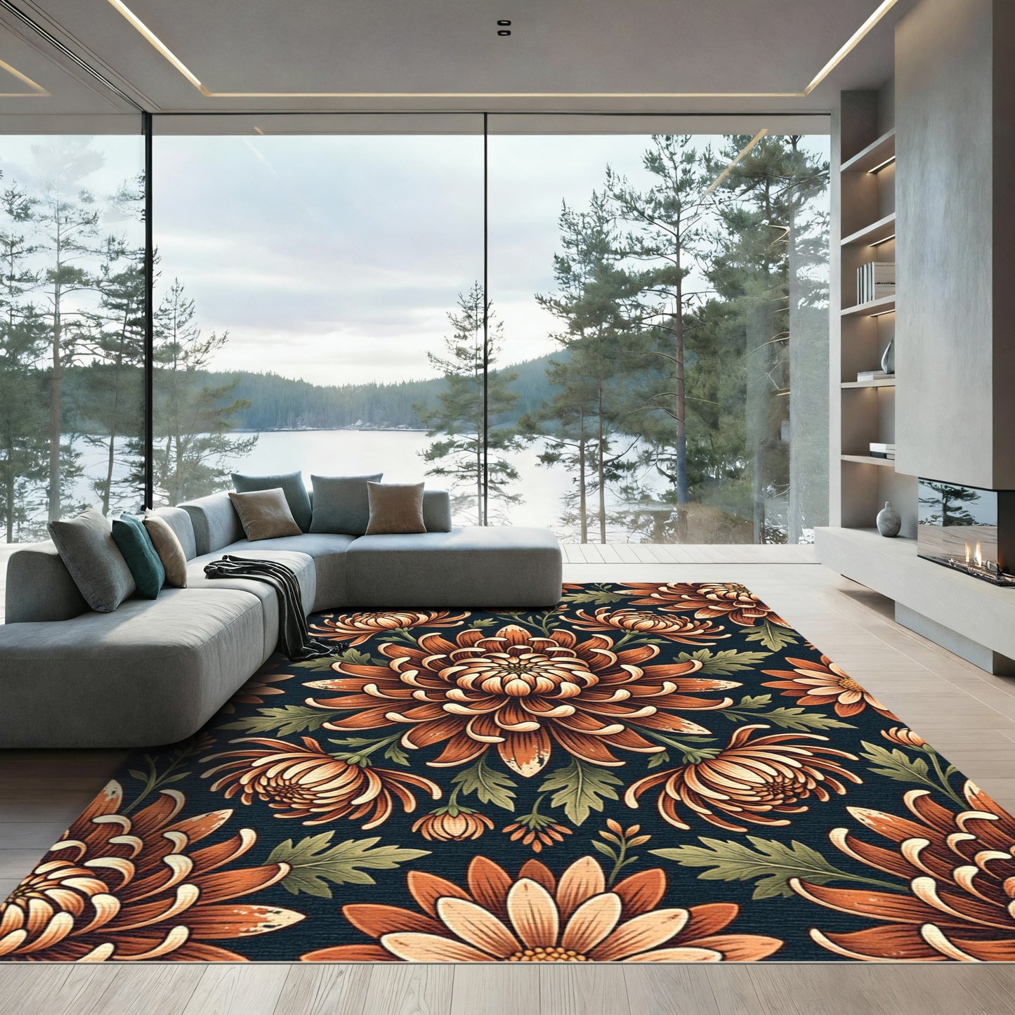 Moody Burnt Orange Chrysanthemum Botanical Rug