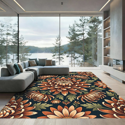 Moody Burnt Orange Chrysanthemum Botanical Rug