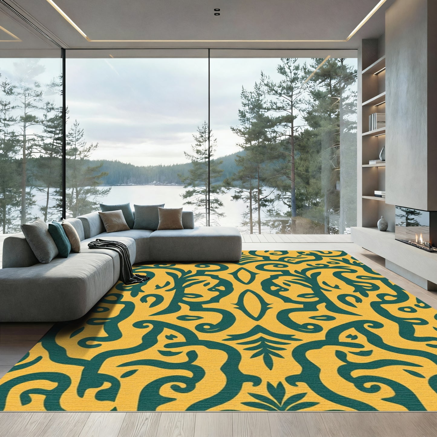 Amber Teal Damask Scrollwork Rug