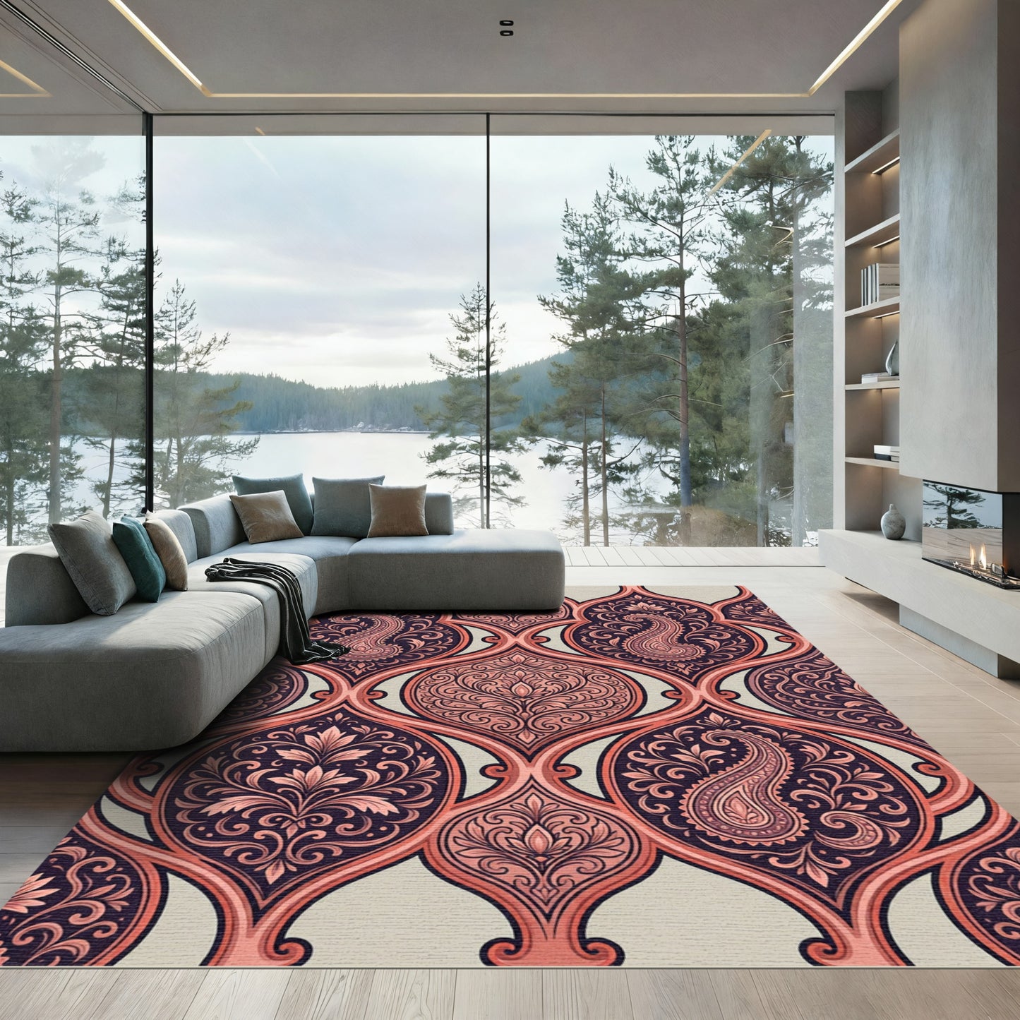 Elegant Damask Paisley Blush Navy Scroll Rug