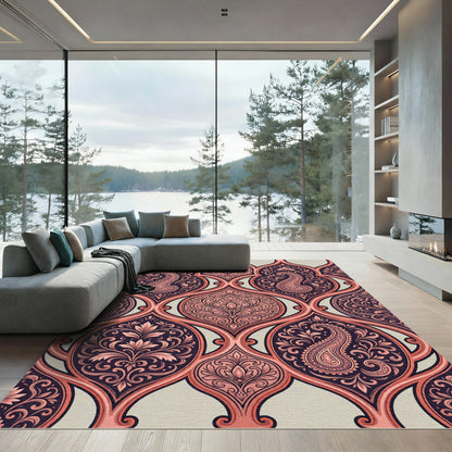 Elegant Damask Paisley Blush Navy Scroll Rug