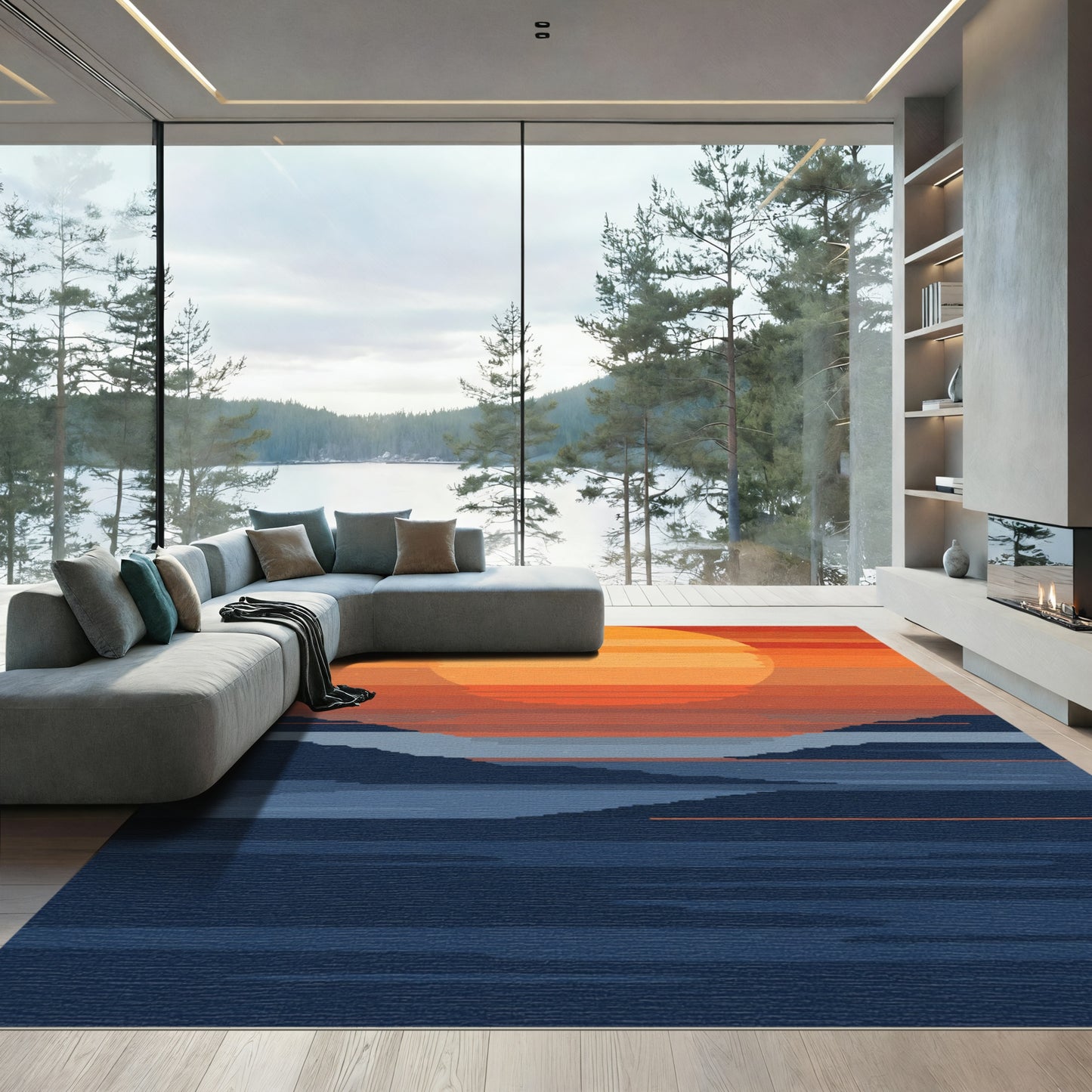 Pixelated Sunset Over Water Rug