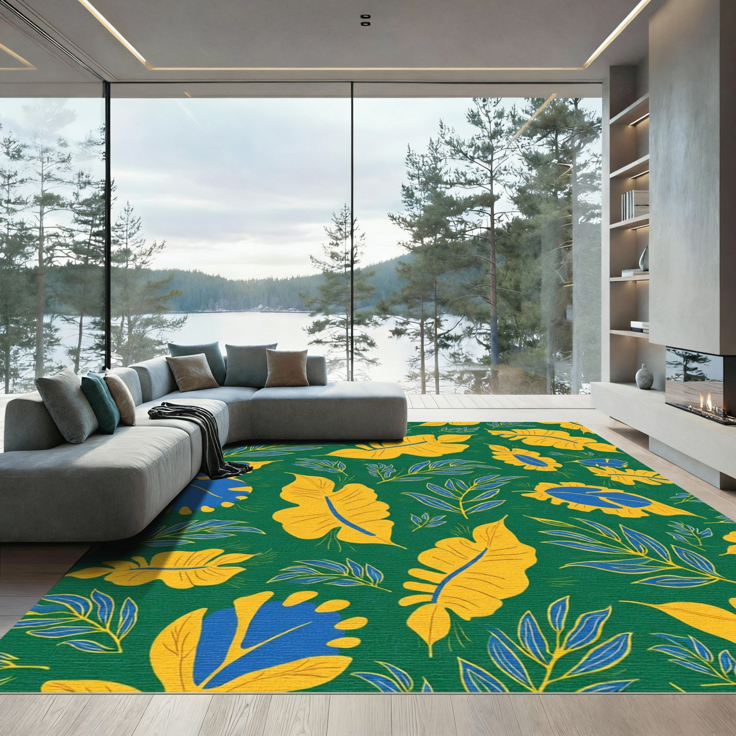 Vibrant Yellow Blue Leafy Vines Rug