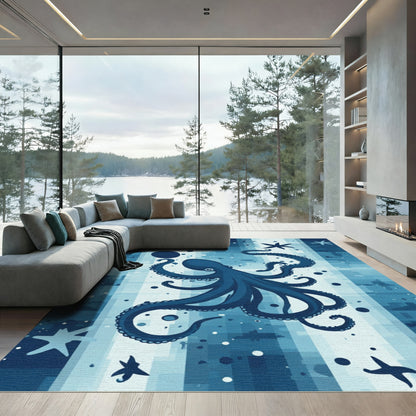 Deep Blue Abstract Octopus Starfish Rug