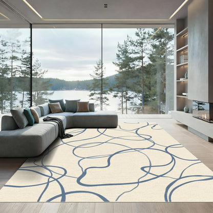 Cream Blue Swirls Abstract Overlay Rug