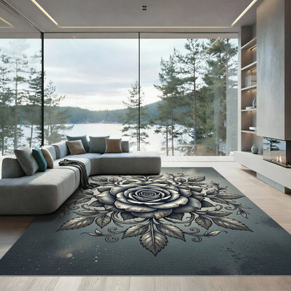 Monochrome Etched Rose Floral Medallion Rug