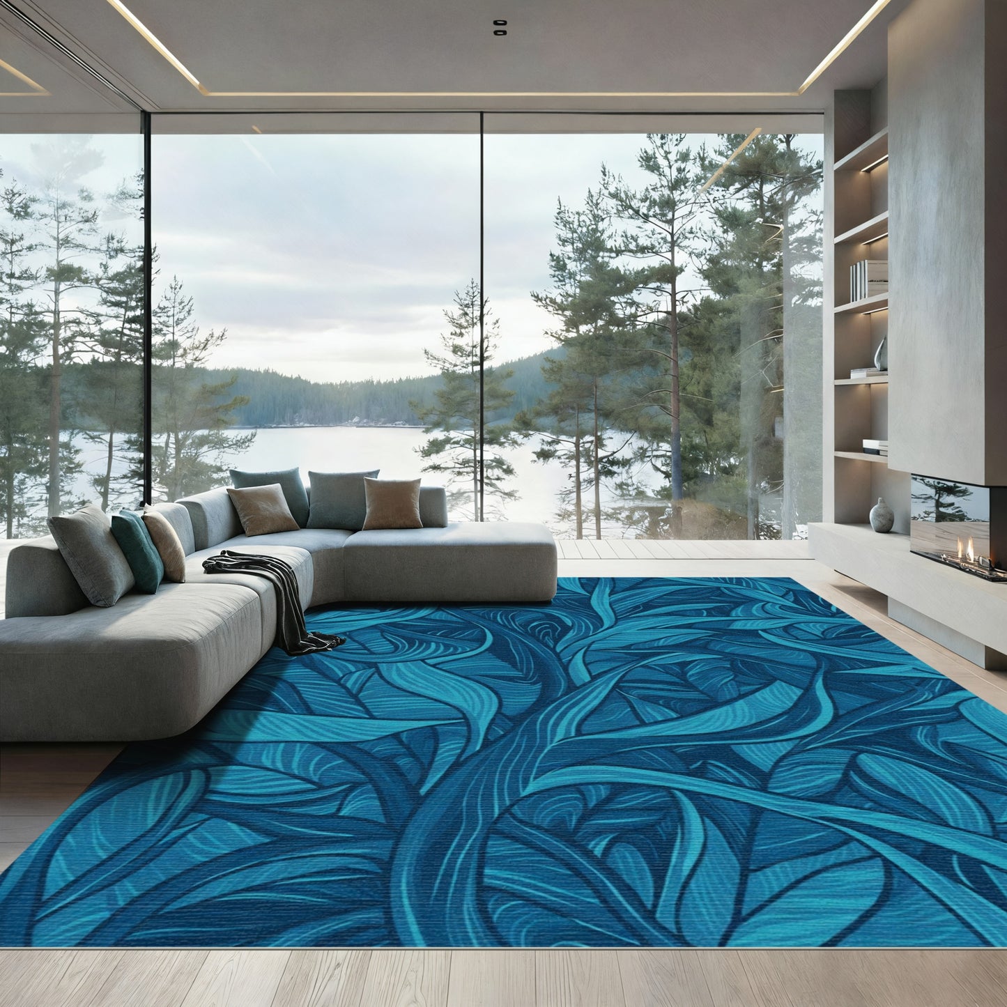 Deep Blue Emerald Foliage Swirls Rug