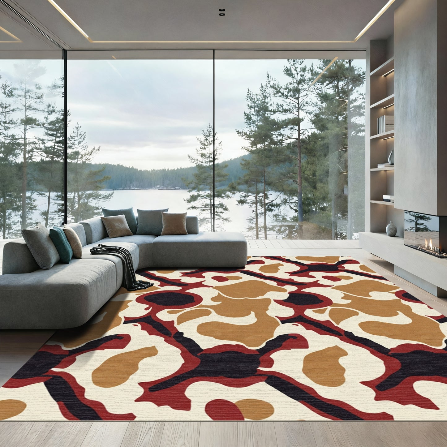 Red Black Cream Abstract Organic Shapes Rug