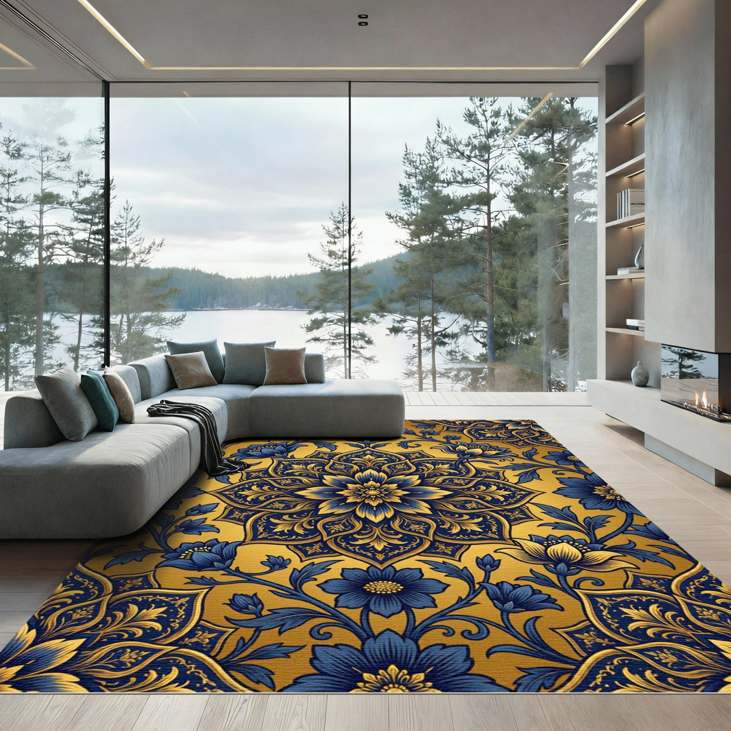 Elegant Navy Blue Golden Floral Medallion Rug