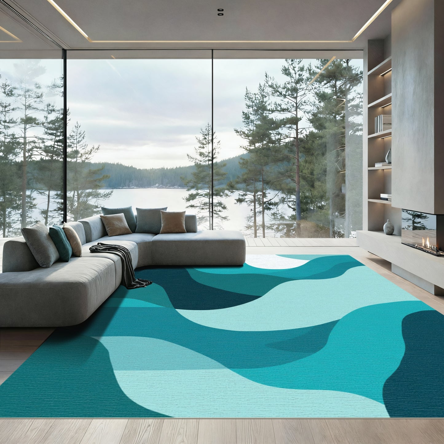 Wavy Teal Blue Abstract Layers Rug
