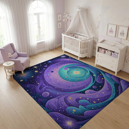 Purple Teal Cosmic Swirl Stars Rug