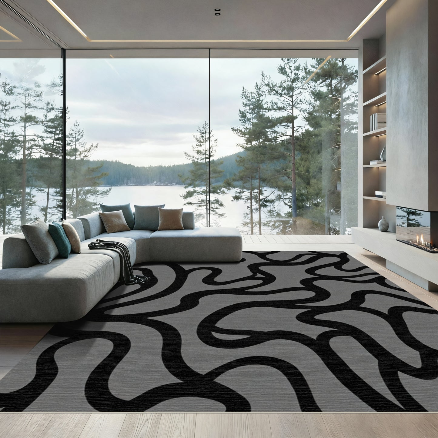 Gray Black Organic Swirls Rug