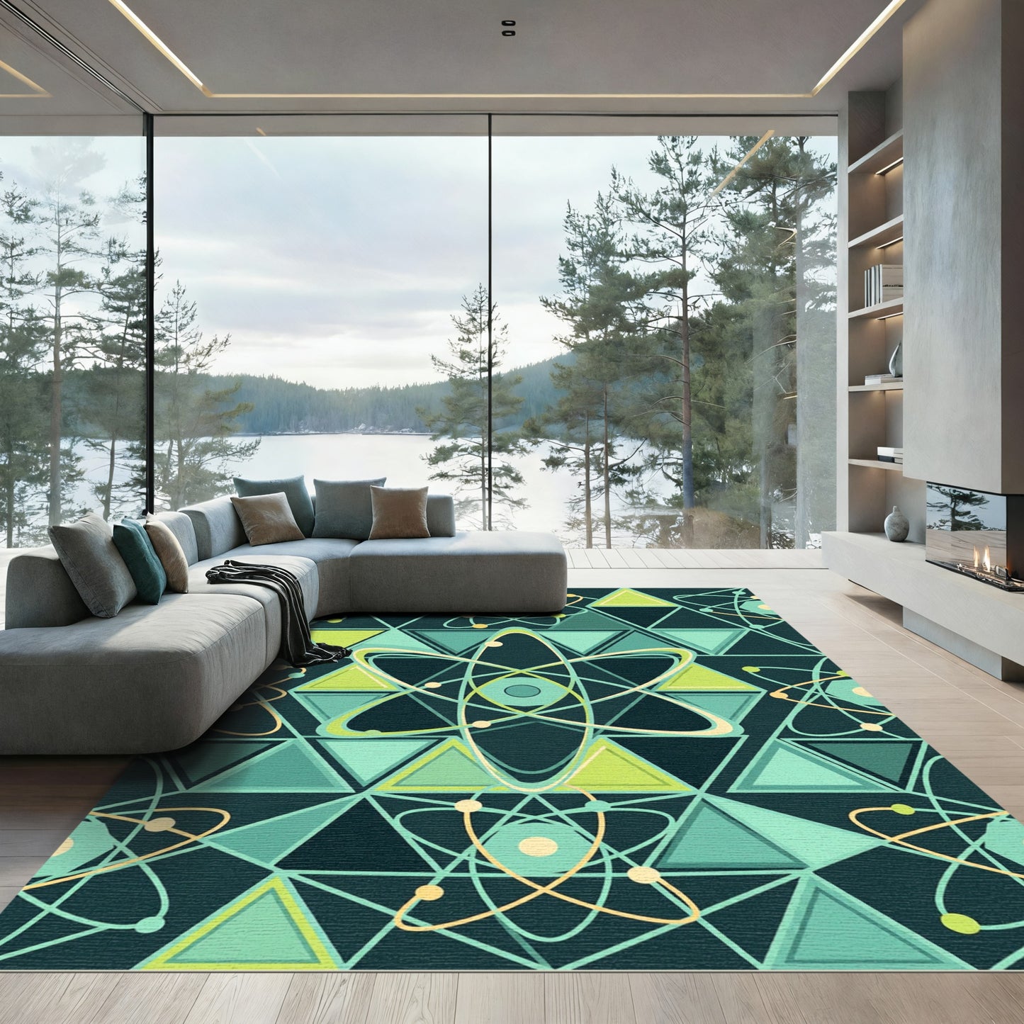 Teal Geometric Atom Science Mandala Rug