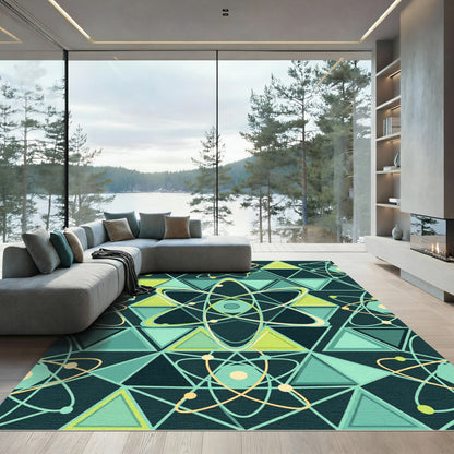 Teal Geometric Atom Science Mandala Rug