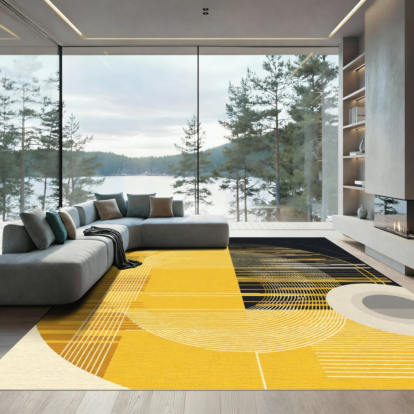 Bold Yellow Modern Geometric Lines Rug