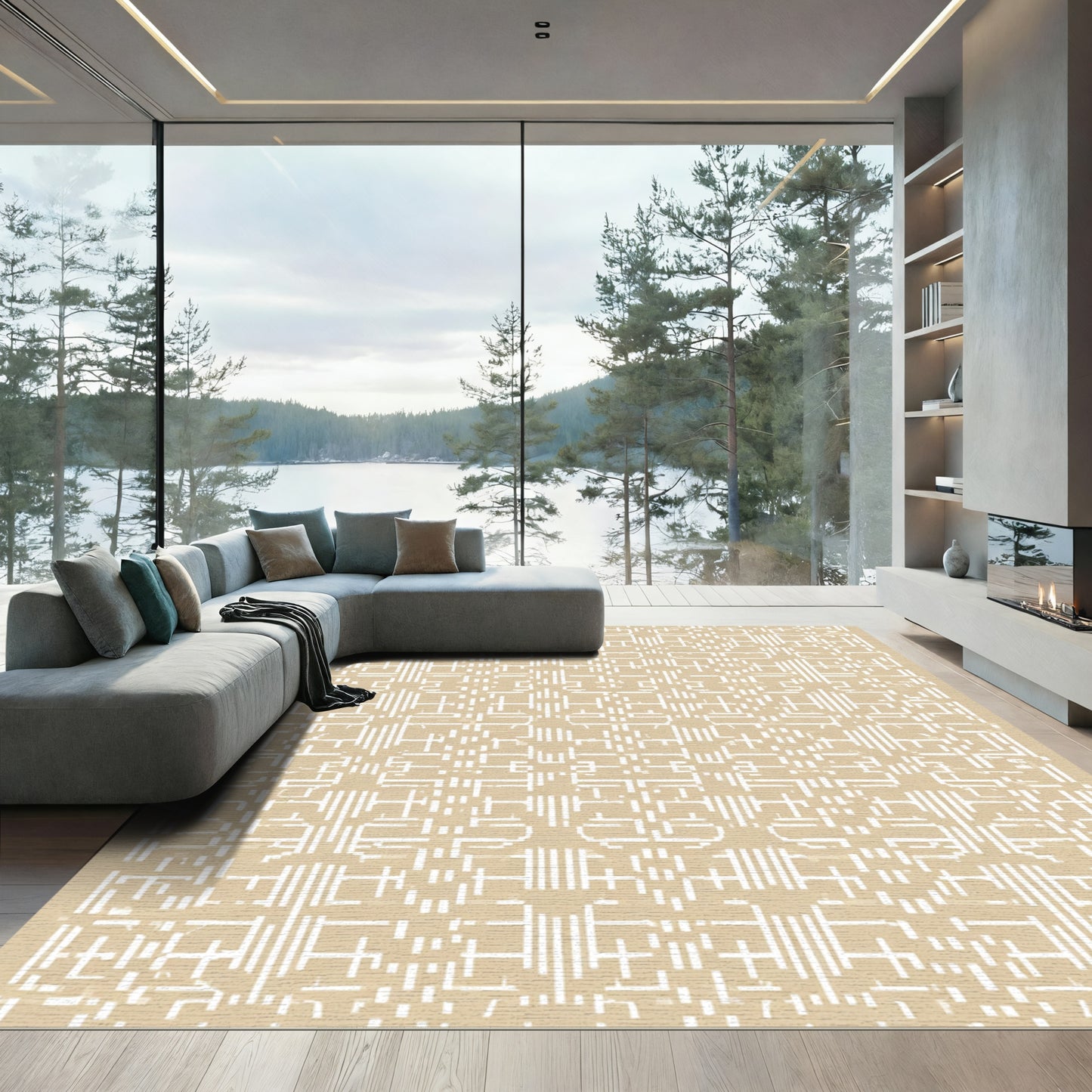 Cream Geometric Lattice Line Art Rug