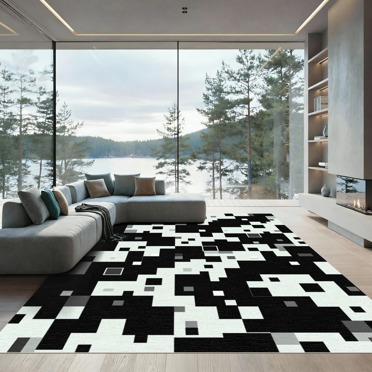 Monochromatic Pixelated Geometric Arrangement Rug