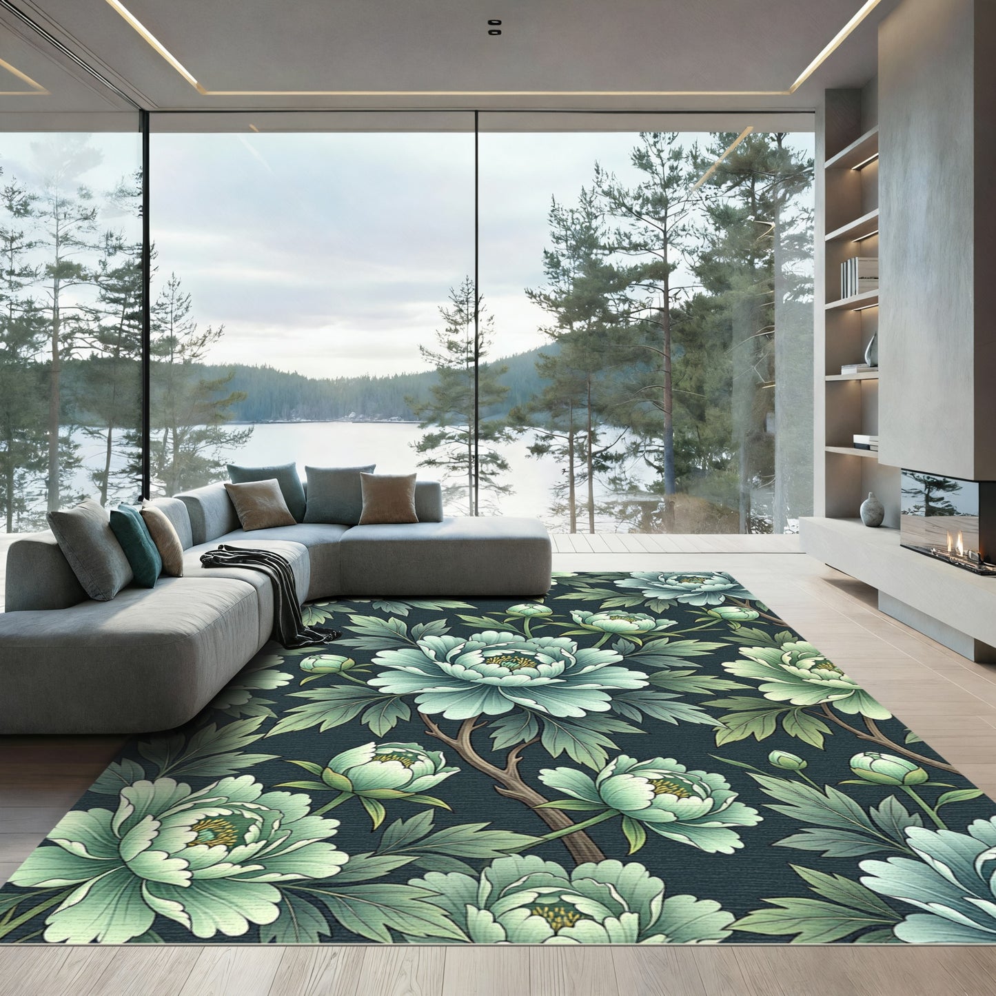 Elegant Sage Peony Floral Botanical Rug