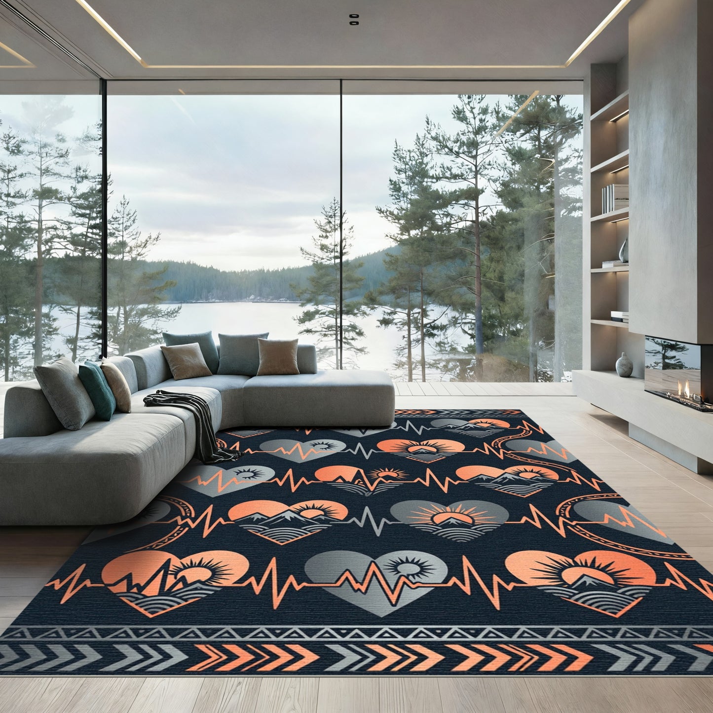Orange and Gray Mountain Heart Tapestry Rug