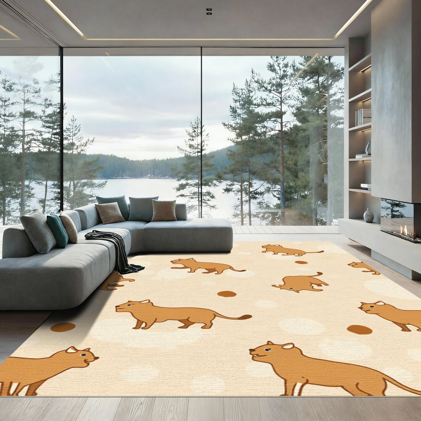 Brown Cat Pattern With Cream Circles Rug
