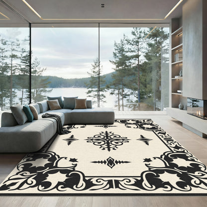 Vintage Black Creme Scrollwork Medallion Rug