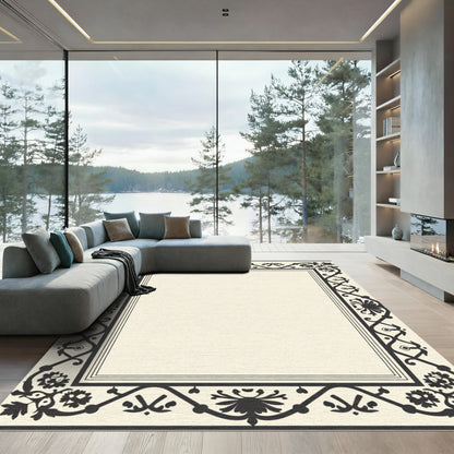Ornate Black Ivory Floral Border Rug