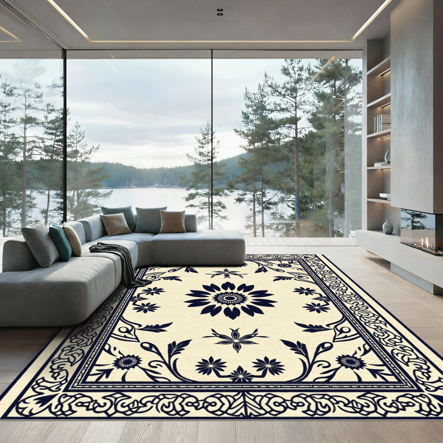 Navy Black Floral Medallion Border Rug