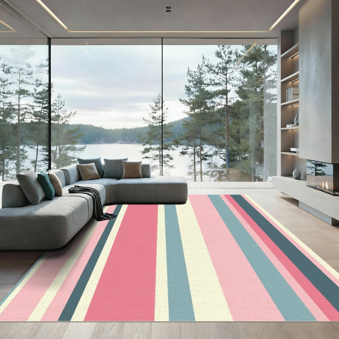 Pink Blue Cream Striped Band Rug