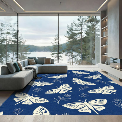 Cream Butterflies On Deep Blue Field Rug
