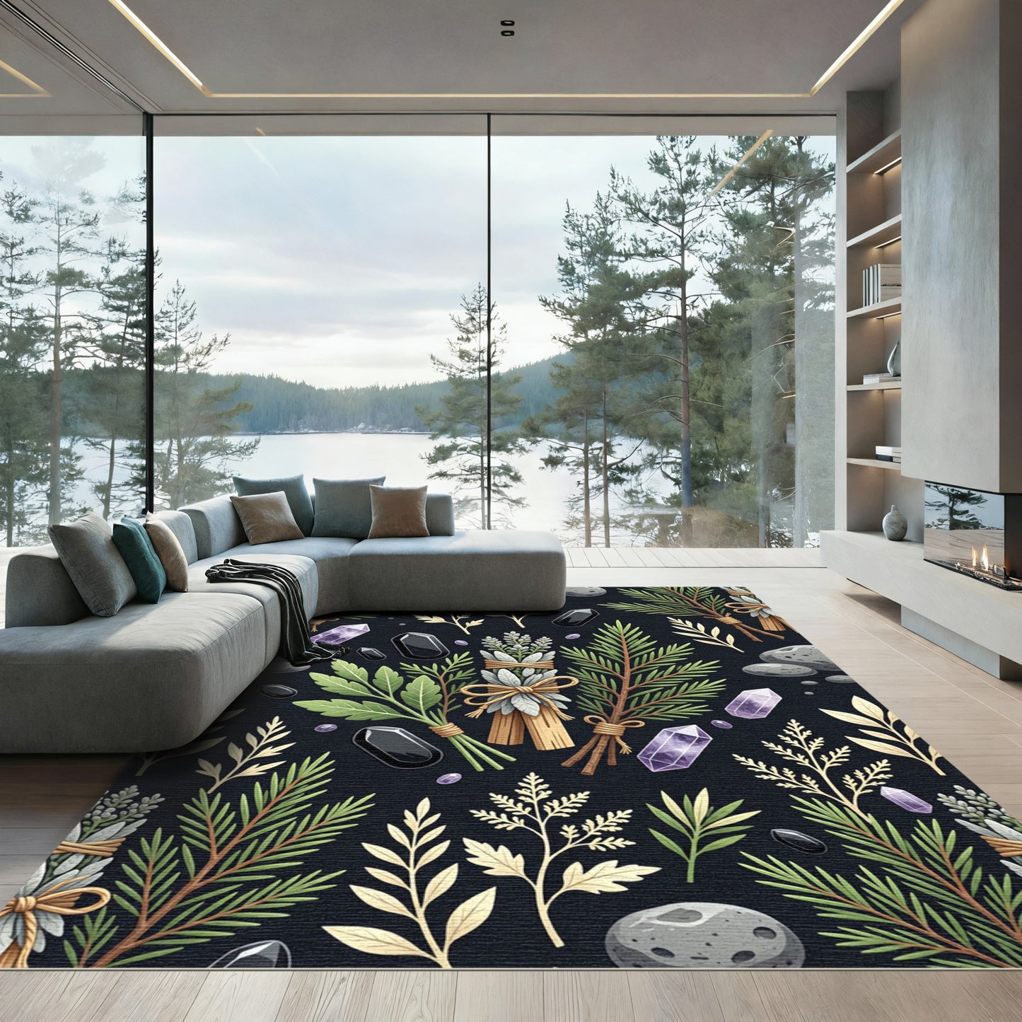 Mystical Botanical Herbal Crystal Black Rug