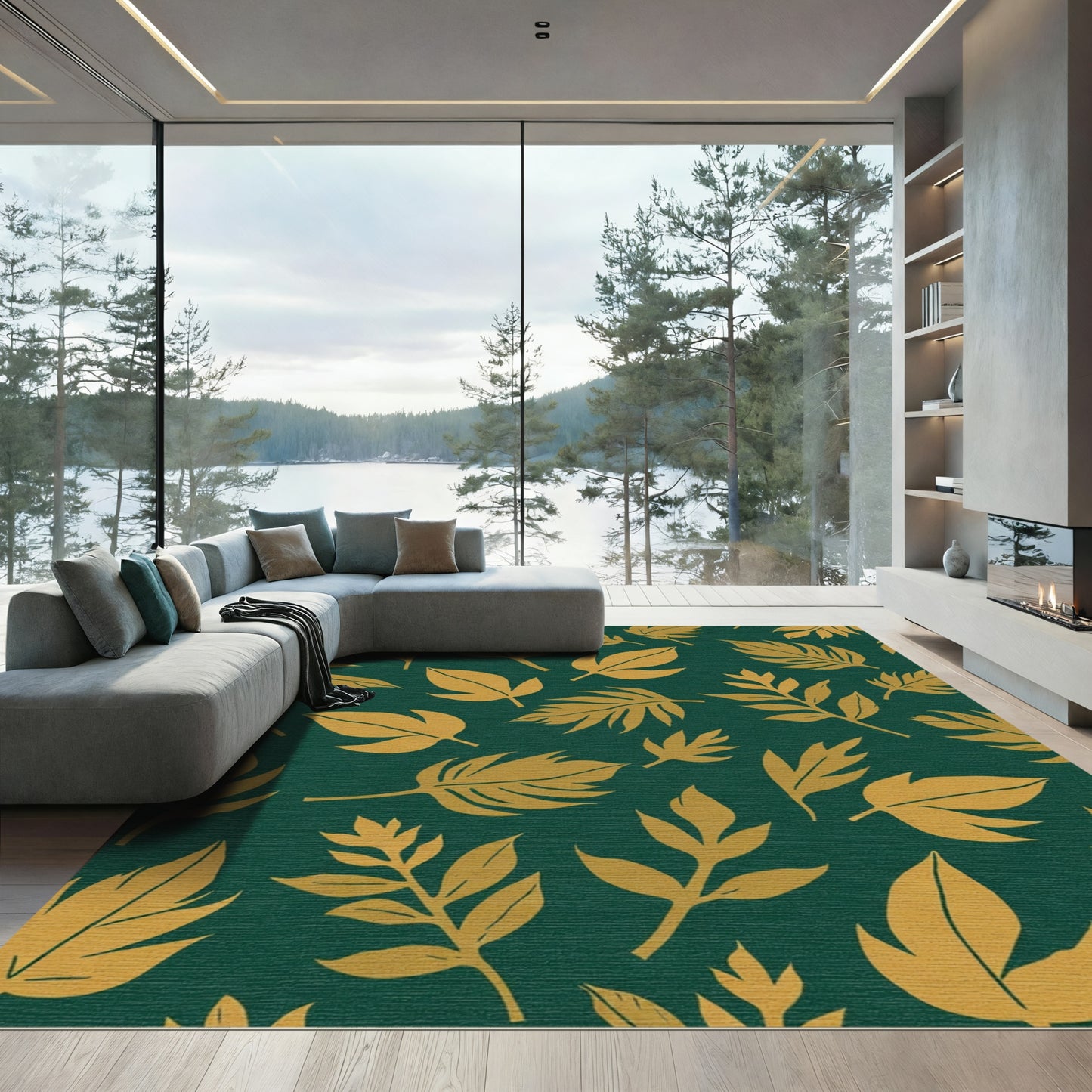 Golden Foliage on Deep Emerald Canvas Rug