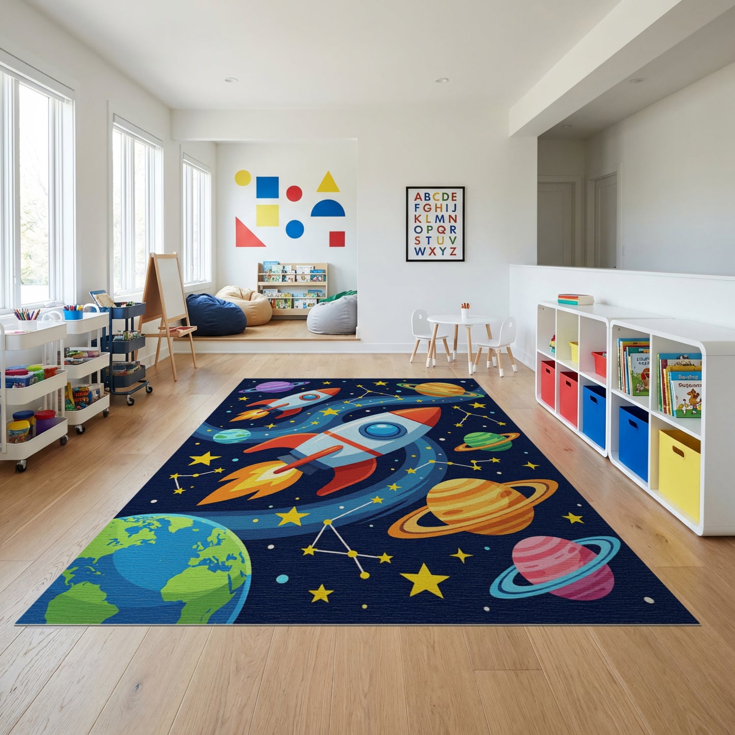 Whimsical Space Rockets Planets Stars Rug