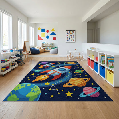 Whimsical Space Rockets Planets Stars Rug