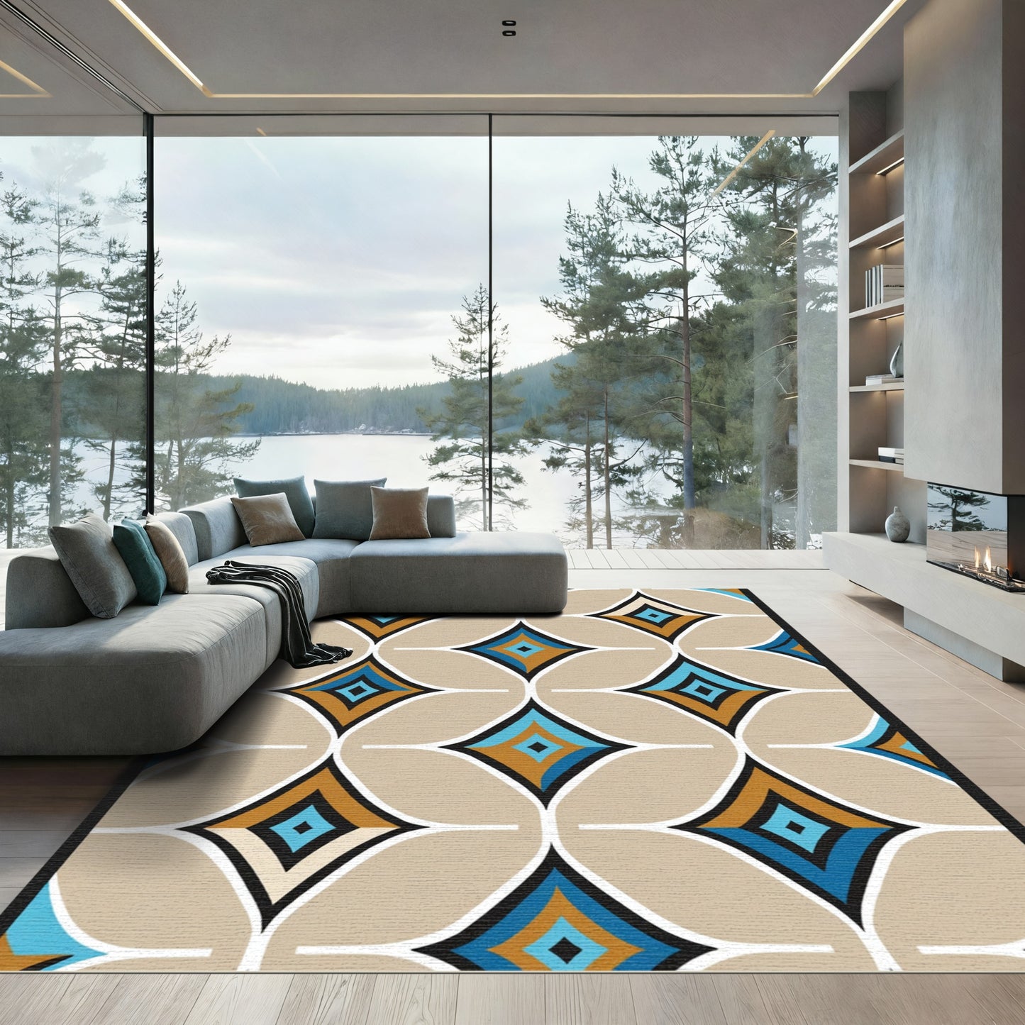 Modern Teal Gold Diamond Geometric Rug