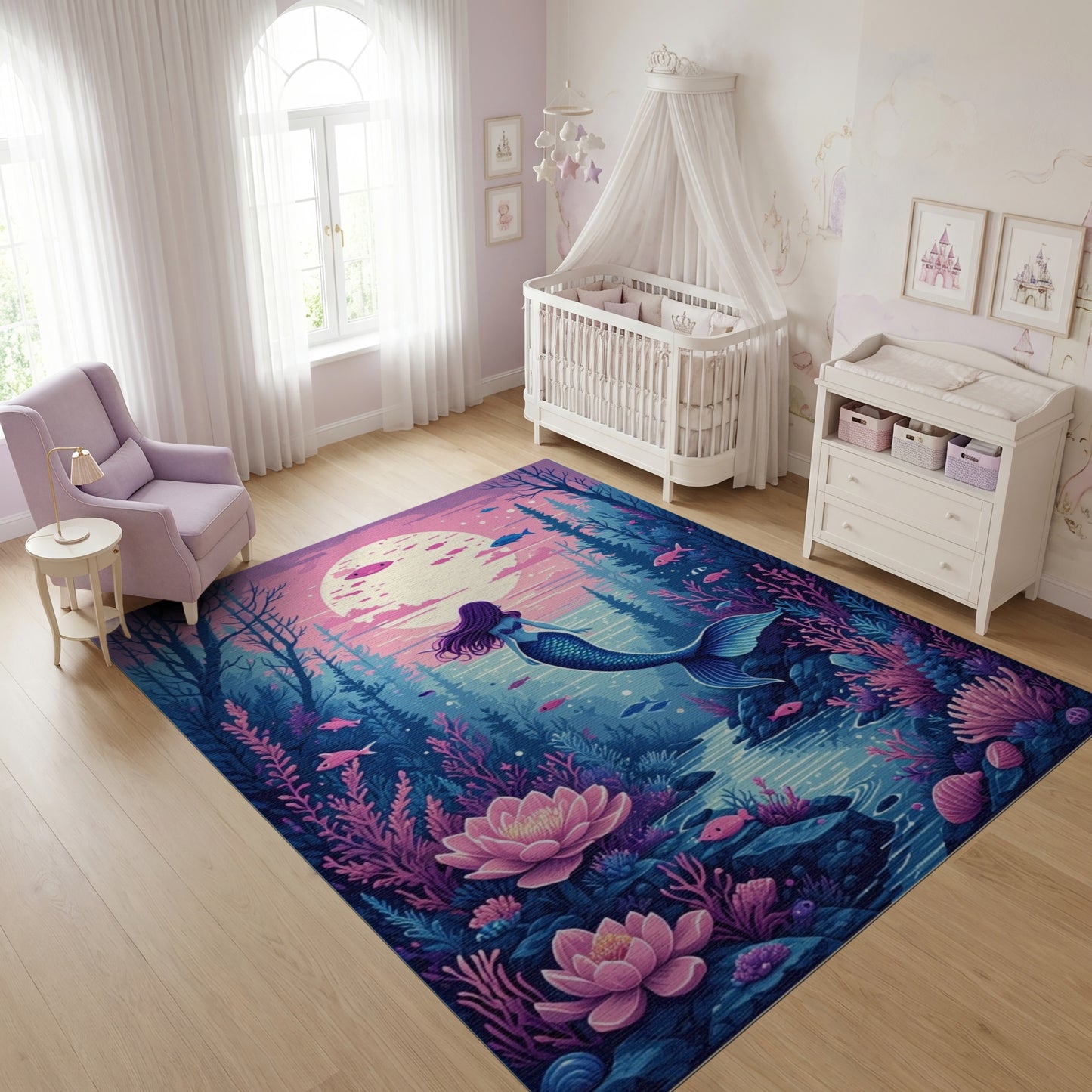 Mystical Mermaid Moonlit Lotus Forest Rug