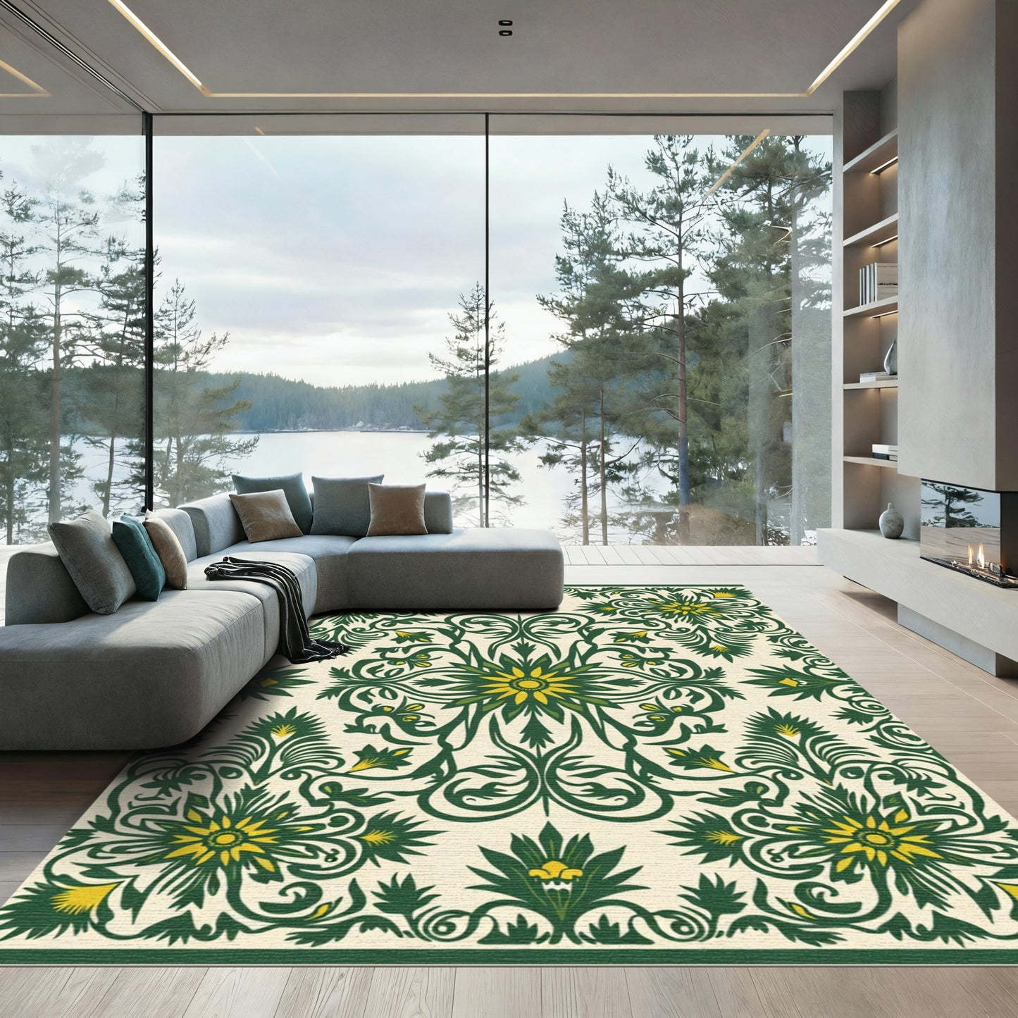Emerald Yellow Floral Symmetry Rug