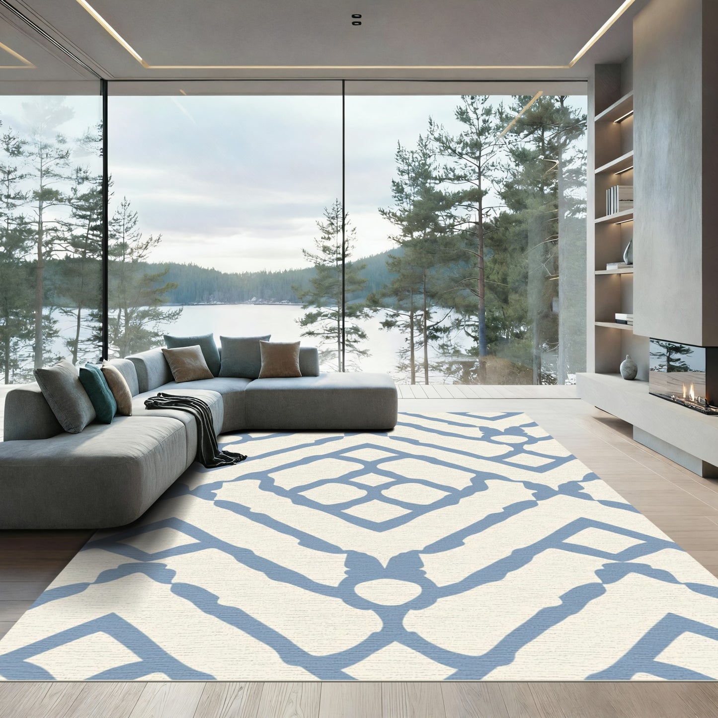 Ceramic Blue Geometric Lattice Rug