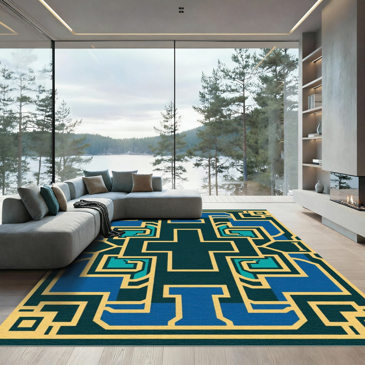 Geometric Gold Blue Medallion Composition Rug