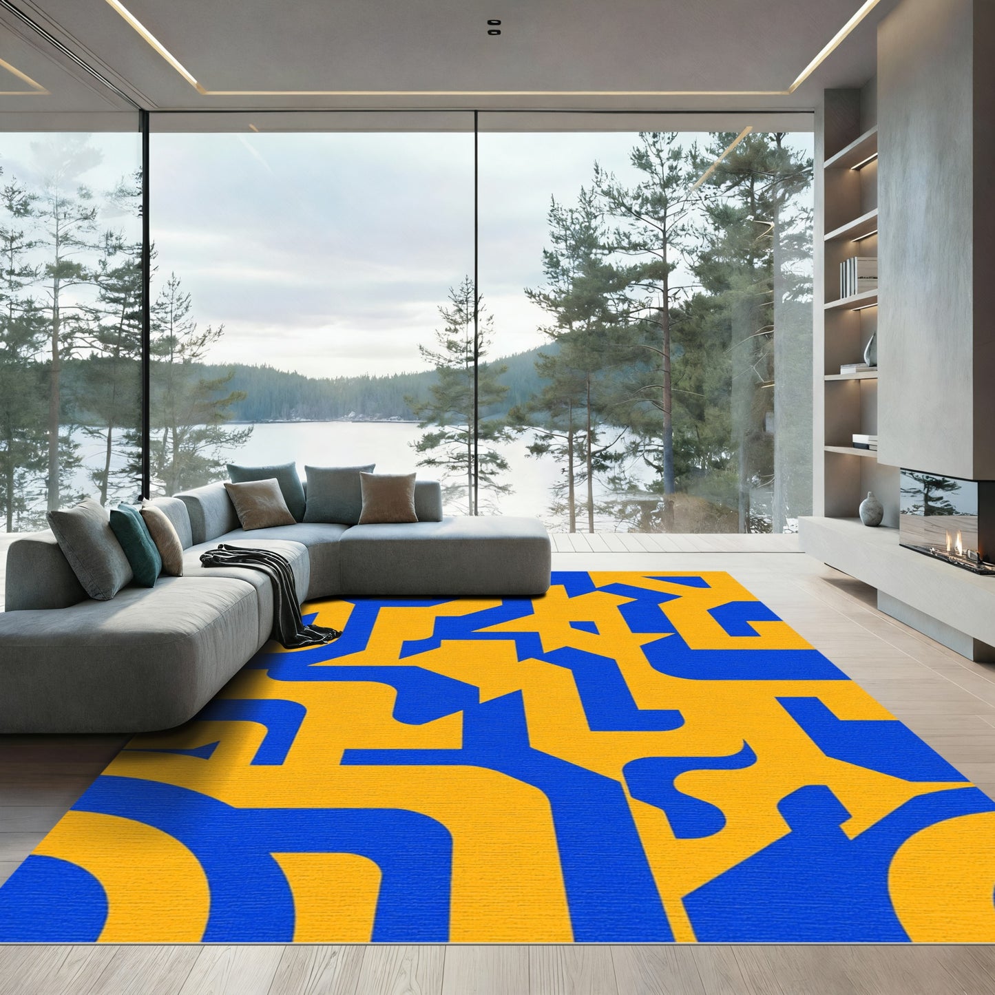 Bold Blue Yellow Geometric Interlocking Path Rug