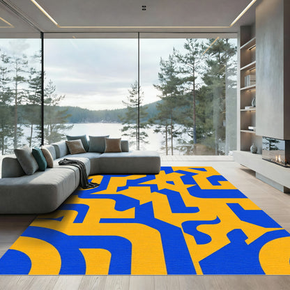 Bold Blue Yellow Geometric Interlocking Path Rug