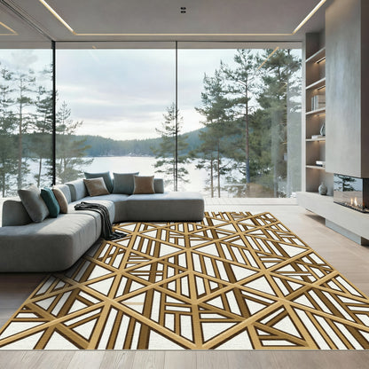 Modern Golden Geometric Lattice Grid Rug