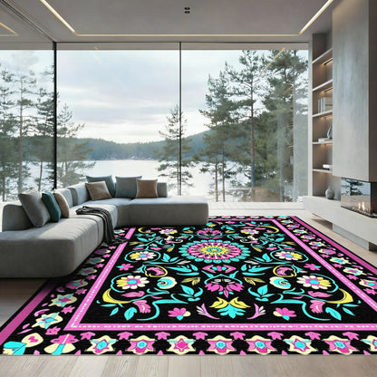 Bold Black Floral Medallion Pink Aqua Rug