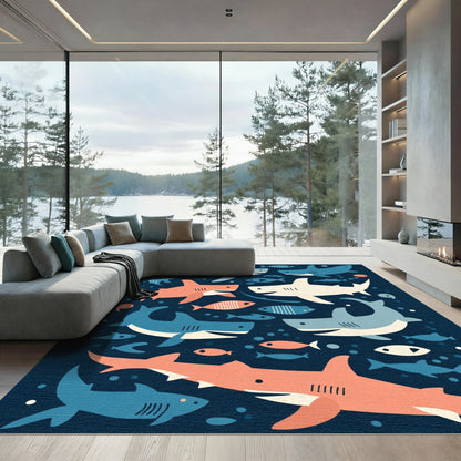 Coral Blue Shark School Collage Rug