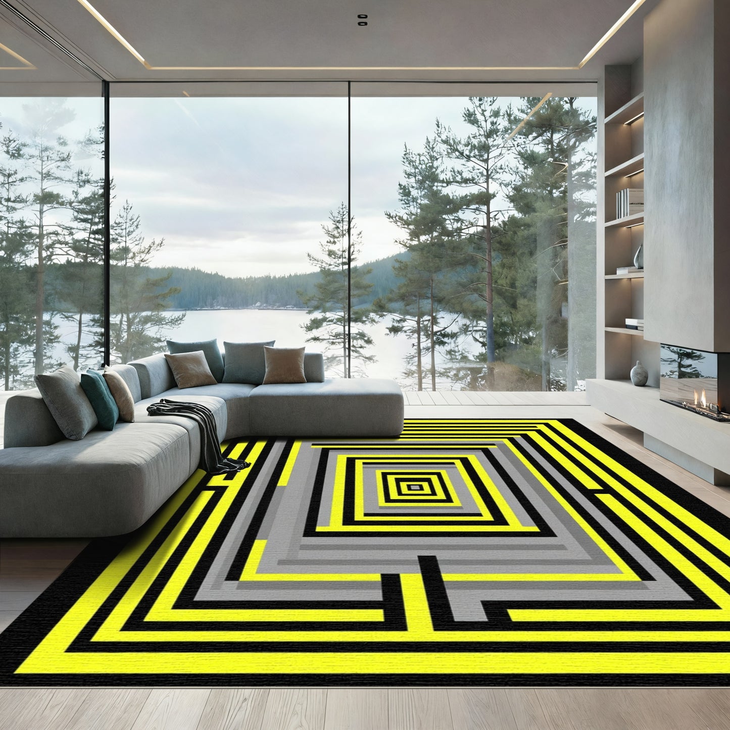 Bold Yellow Maze Square Rug